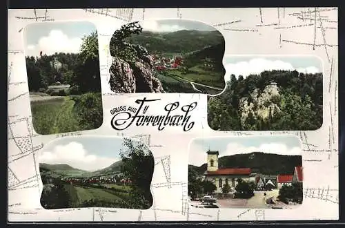 AK Förrenbach, Strassenpartie mit Kirche, Ortspartie, Hütte auf einem Felsen