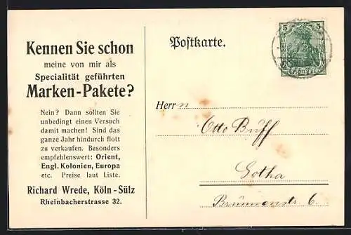 AK Köln-Sülz, Richard Wrede, Rheinbacherstrasse 32, Reklame für Marken-Pakete