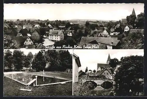 AK Rieden / Schwäb. Hall, Ortsansicht mit Schwimmbecken, Brückenpartie
