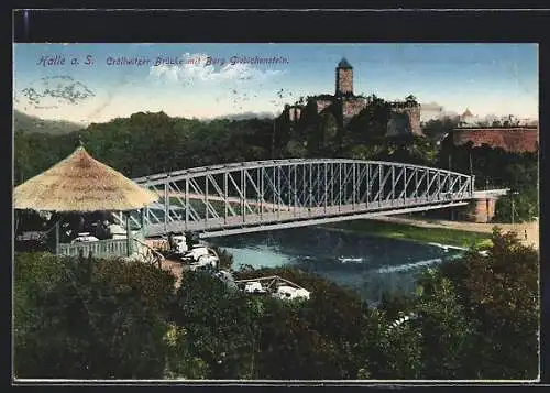 AK Halle a. S., Cröllwitzer Brücke mit Burg Giebichenstein