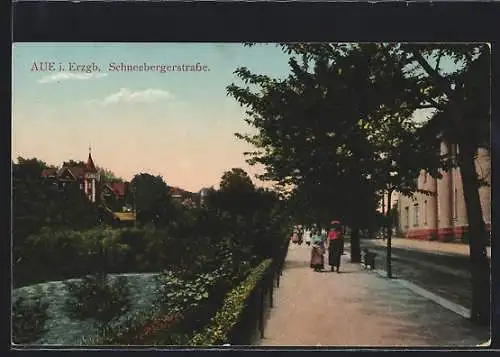 AK Aue i. Erzgb., Schneebergerstrasse mit Passanten
