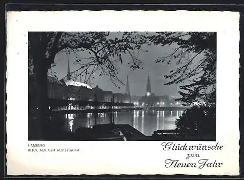AK Hamburg, Blick auf den Alsterdamm bei Nacht, Neujahrsgruss