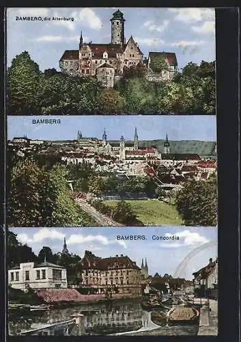 AK Bamberg, die Altenburg, Teilansicht mit Blick auf den Dom, Regnitzpartie an der Concordia