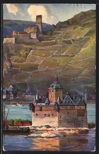 AK Caub, Die Pfalz bei Caub mit Burg Gutenfels