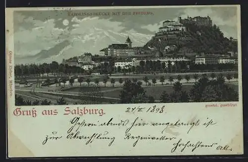 Mondschein-Lithographie Salzburg, Karolinenbrücke mit der Festung