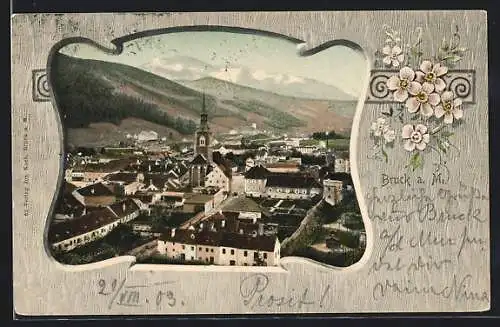 AK Bruck a. M., Teilansicht mit Kirche, Passepartout