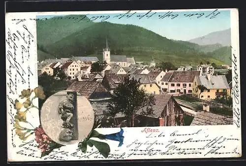 AK Aflenz, Panorama mit Bergen, Steinfigur