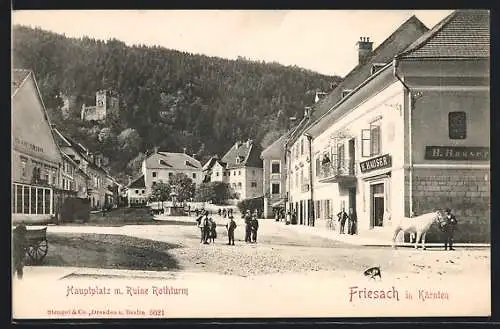 AK Friesach in Kärnten, Hauptplatz mit Ruine Rothturm