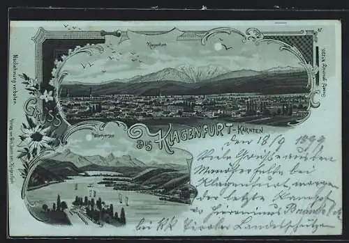 Mondschein-Lithographie Klagenfurt /Kärnten, Teilansicht, Wörthersee