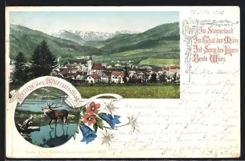 Lithographie Mürzzuschlag, Hirsch im Wasser, Ortspanorama