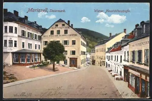 AK Mariazell, Wiener Neustädterstrasse mit Hôtel Drei Hufeisen und Hotel Busse