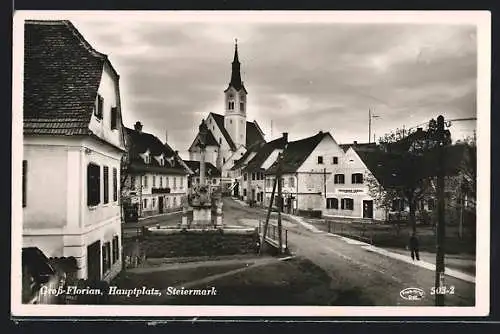 AK Gross-Florian /Steiermark, Hauptplatz mit Kirche und Denkmal