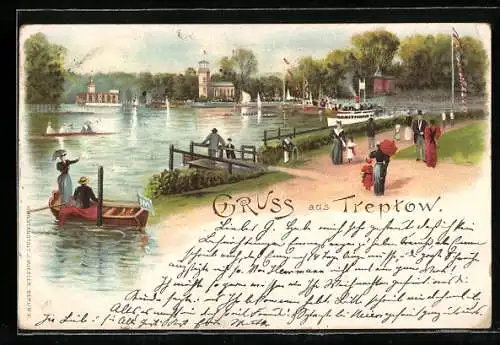 Lithographie Berlin-Treptow, Etablissement Paradies-Garten, Dampfer, Ruderboote