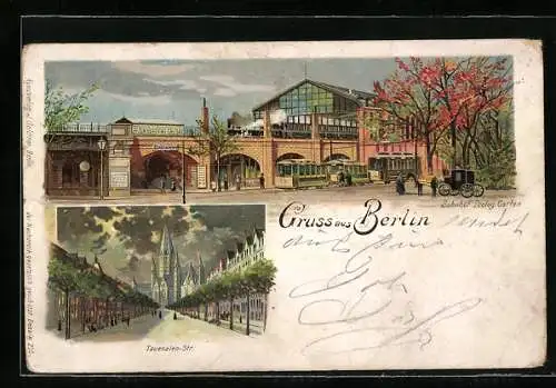 Lithographie Berlin-Charlottenburg, Bahnhof Zoologischer Garten, Tauentzien-Strasse mit Gedächtniskirche