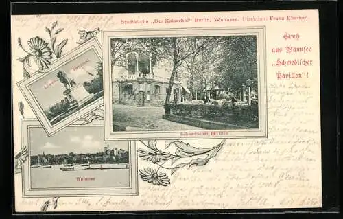 AK Berlin-Wannsee, Gasthaus Schwedischer Pavillon, Löwen-Denkmal, Wannsee