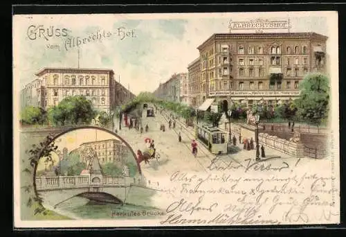 Lithographie Berlin-Tiergarten, Hotel Albrechtshof mit Strassenbahn, Herkules-Brücke