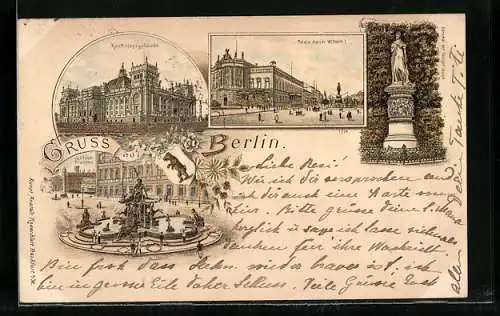 Lithographie Berlin, Reichstagsgebäude, Palais Kaiser Wilhelm I., Schloss-Brunnen