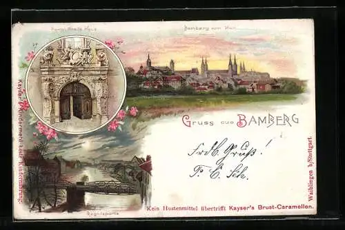 Lithographie Bamberg, Regnitzpartie, Portal Prell`s Haus