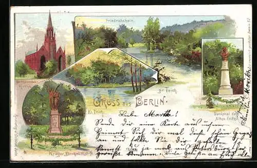 Lithographie Berlin-Friedrichshain, Bartholomäus-Kirche, Kriegerdenkmal, Denkmal des Alten Fritz