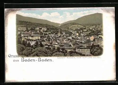 Lithographie Baden-Baden, Teilansicht vom Schloss Solms aus