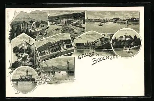 Lithographie Meersburg, Bahnhof und Hafen Rorschach, Pfanderhotel, St. Gebhardskapelle, Schloss Monfort