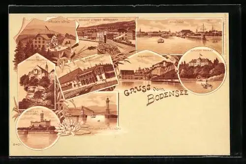 AK Konstanz, Partie vom Hafen, Schloss Mainau, Bahnhof und Hafen in Rorschach