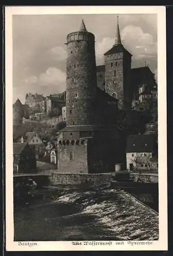 AK Bautzen, alte Wasserkunst mit Spreewehr