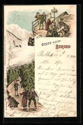 Lithographie Gruss aus den Bergen, Bergsteiger auf dem Gipfel und bei Regen auf einem Wanderweg