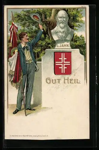 Lithographie Turnvater Jahn, Mann mit Fahne grüsst das Denkmal von Jahn