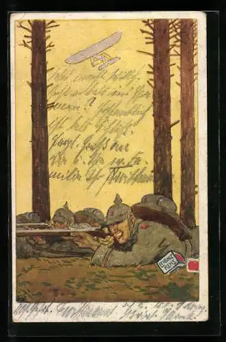 AK Reklame für Leibniz Keks, Bahlsens Keks-Fabrik Hannover, Flugzeug über Soldaten im Schützengraben