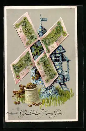 AK Windmühle aus Blumen mit Geldscheinen, Neujahr