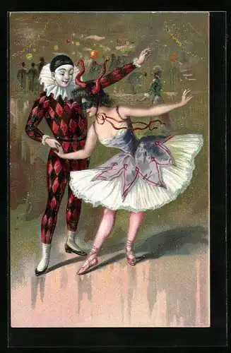 AK Harlekin beim Tanz mit einer schönen Maskierten