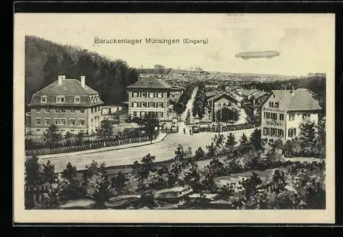 AK Münsingen, Barackenlager und Zeppelin in der Luft