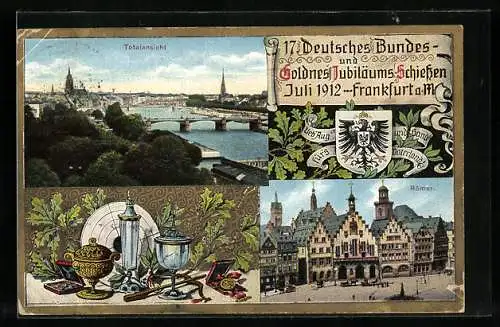 AK Frankfurt am Main, 17. Deutsches-Goldnes Jubiläums-Schiessen, Juli 1912, Römer, Brücke