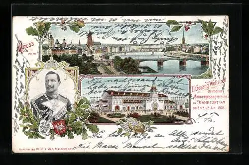 Lithographie Frankfurt am Main, II. Gesang-Wettstreit, Totalansicht u. Festhalle, Kaiser Wilhelm II.