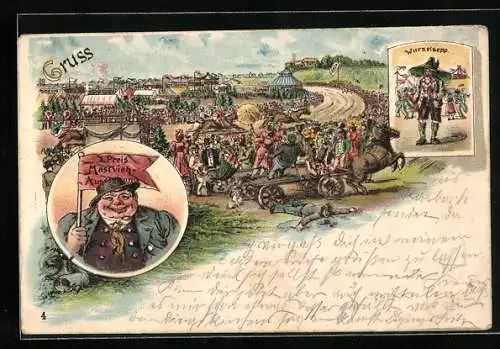 Lithographie Besucher bei einem Pferderennen, Wurzelsepp auf dem Volksfest