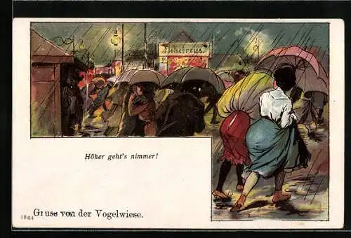 Lithographie Dresdener Vogelwiese, Besucher verlassen bei Regen das Fest