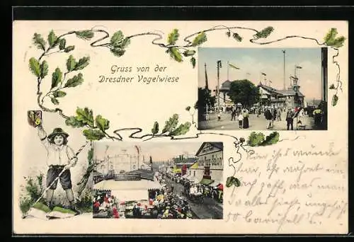 AK Dresdener Vogelwiese, Festplatz mit Besuchern, Knabe mit Wappen