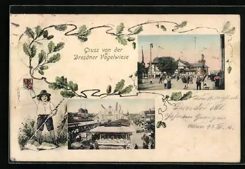 AK Dresdener Vogelwiese, Festplatz mit Besuchern, Knabe mit Wappen