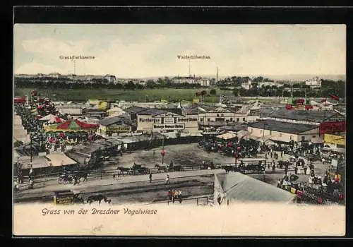 AK Dresdener Vogelwiese, Panorama des Festplatzes, Waldschlösschen und Grenadierkaserne im Hintergrund