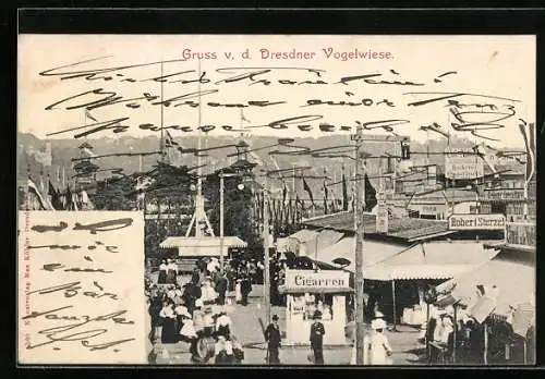 AK Dresdener Vogelwiese, Festplatz mit Besuchern und Attraktionen
