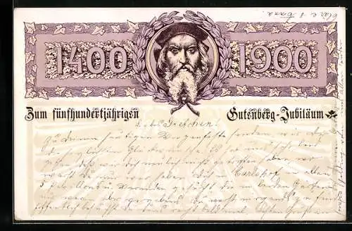 Lithographie Zum fünfhundertjährigen Gutenberg-Jubiläum 1400-1900, Portrait