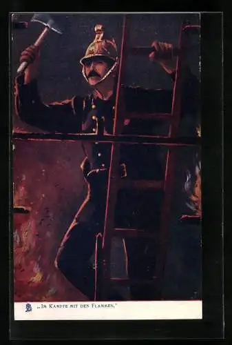 AK Im Kampfe mit den Flammen, Feuerwehrmann in Uniform auf einer Leiter