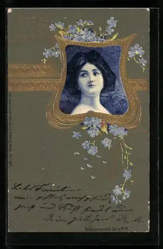 AK Vergissmeinnicht, Portrait junges Mädchen, Jugendstil