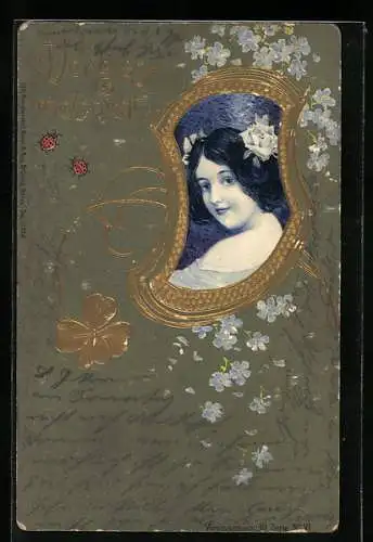 Lithographie Jugendstil, Vergiss Mein Nicht, junge Frau in goldenem Rahmen mit Blumen