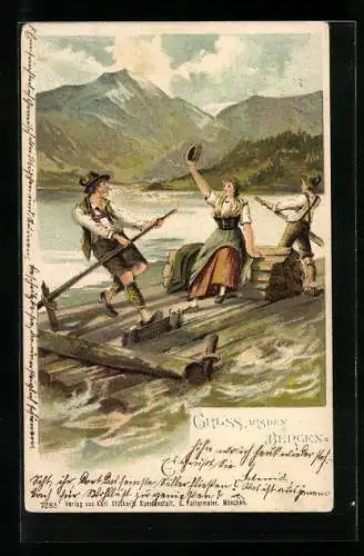 Lithographie Gruss aus den Bergen, Bergsteiger auf einem Floss