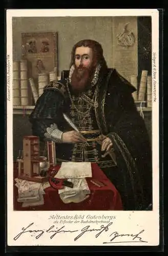 Lithographie Aeltestes Bild Gutenbergs als Erfinder der Buchdruckerkunst