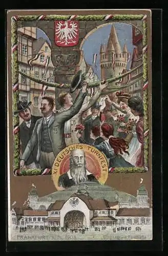 AK Frankfurt a. M., XI. deutsches Turnfest 1908, feiernde Menschen in mit Fahnen geschmückter Stadt, Festhalle