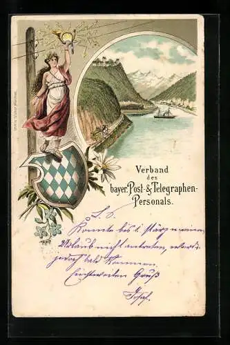 Lithographie Verband des bayer. Post- und Telegraphen-Personals, Flusslandschaft