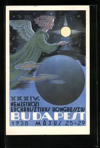 Künstler-AK Budapest, XXXIV. Nemzetközi Eucharisztikus Kongresszu 1938, Engel mit Kelch im Mondschein